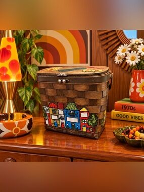 Vintage Caro Nan Signed Hand Painted Basket Handbag Hinged Lid 70s Design